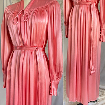 Vintage 1940's Robe | Silky Rose Pink Rayon Satin with Bishop Sleeves | Size S, M, LG | Loungee's - Daggers & Dames