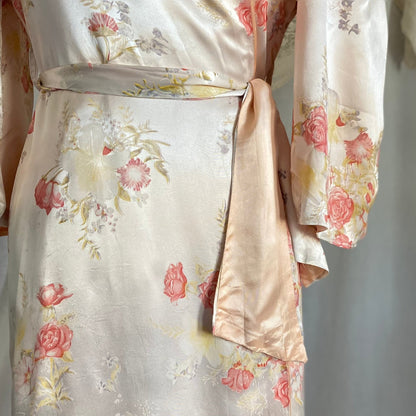 Vintage 1940's Robe | Silky White Rayon Satin with Pink Rose Floral Print & Bell Sleeves | Size S, M, LG - Daggers & Dames