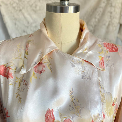 Vintage 1940's Robe | Silky White Rayon Satin with Pink Rose Floral Print & Bell Sleeves | Size S, M, LG - Daggers & Dames