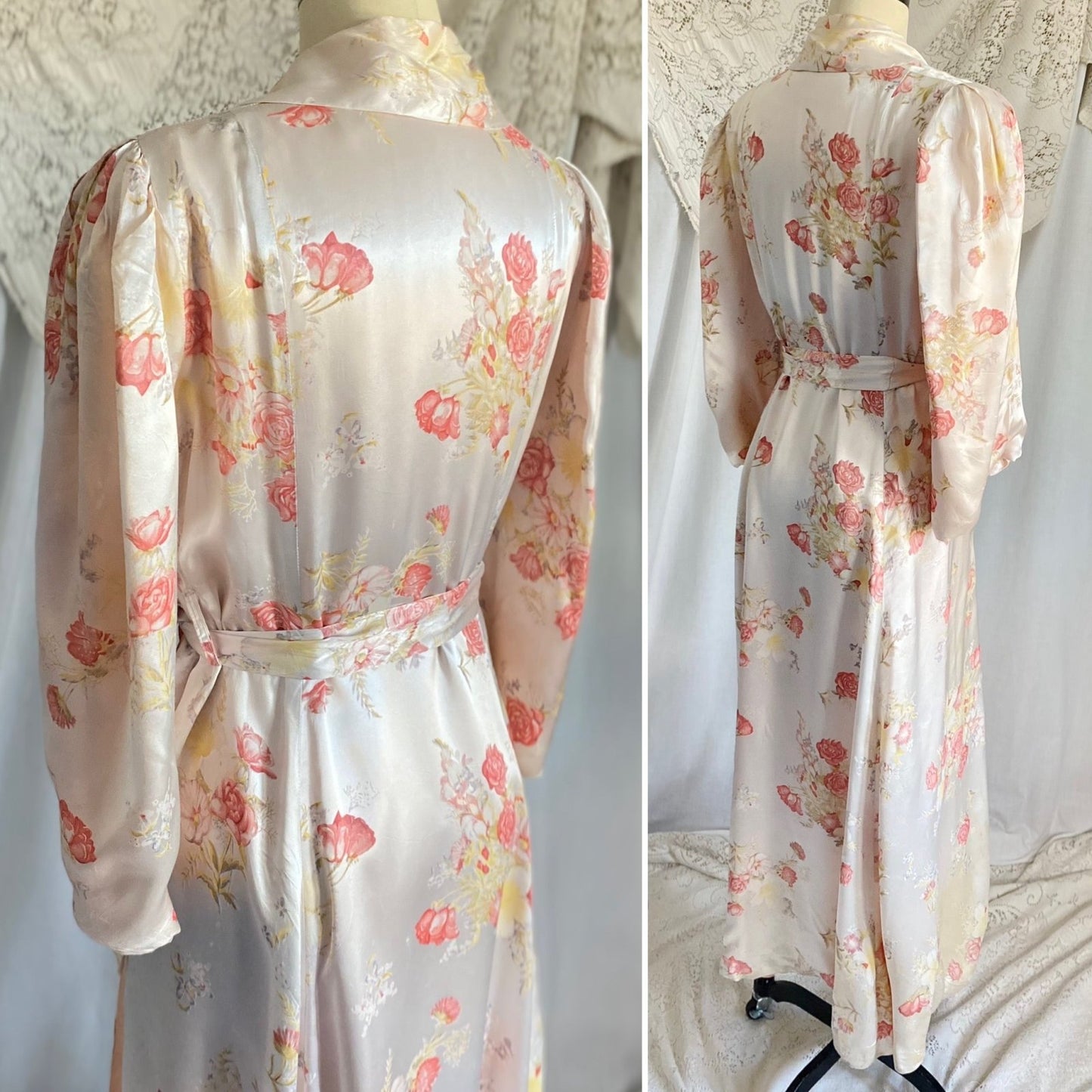 Vintage 1940's Robe | Silky White Rayon Satin with Pink Rose Floral Print & Bell Sleeves | Size S, M, LG - Daggers & Dames