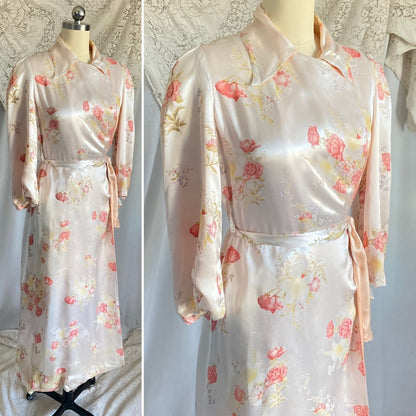 Vintage 1940's Robe | Silky White Rayon Satin with Pink Rose Floral Print & Bell Sleeves | Size S, M, LG - Daggers & Dames