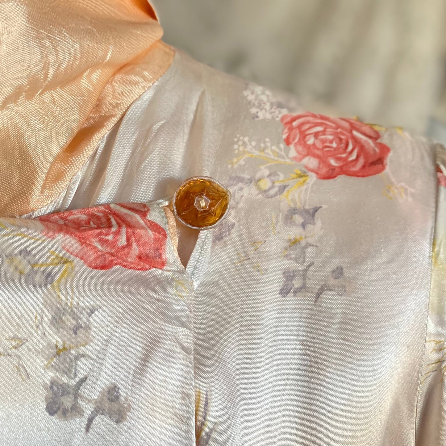 Vintage 1940's Robe | Silky White Rayon Satin with Pink Rose Floral Print & Bell Sleeves | Size S, M, LG - Daggers & Dames