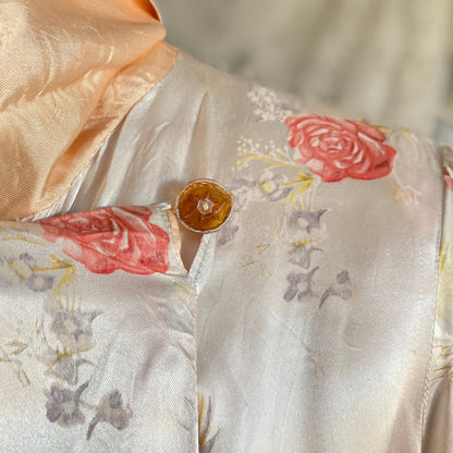Vintage 1940's Robe | Silky White Rayon Satin with Pink Rose Floral Print & Bell Sleeves | Size S, M, LG - Daggers & Dames