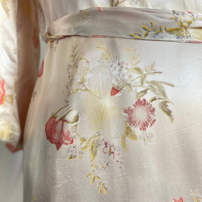 Vintage 1940's Robe | Silky White Rayon Satin with Pink Rose Floral Print & Bell Sleeves | Size S, M, LG - Daggers & Dames