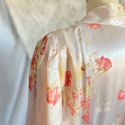 Vintage 1940's Robe | Silky White Rayon Satin with Pink Rose Floral Print & Bell Sleeves | Size S, M, LG - Daggers & Dames