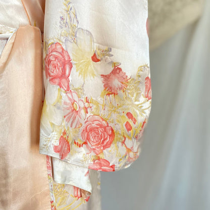 Vintage 1940's Robe | Silky White Rayon Satin with Pink Rose Floral Print & Bell Sleeves | Size S, M, LG - Daggers & Dames