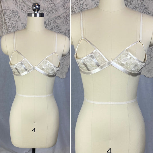 Vintage 1940's Shelf Bra | Creamy White Rayon Satin & Floral Lace Chiffon | Size 34 B | Petite Paris - Daggers & Dames