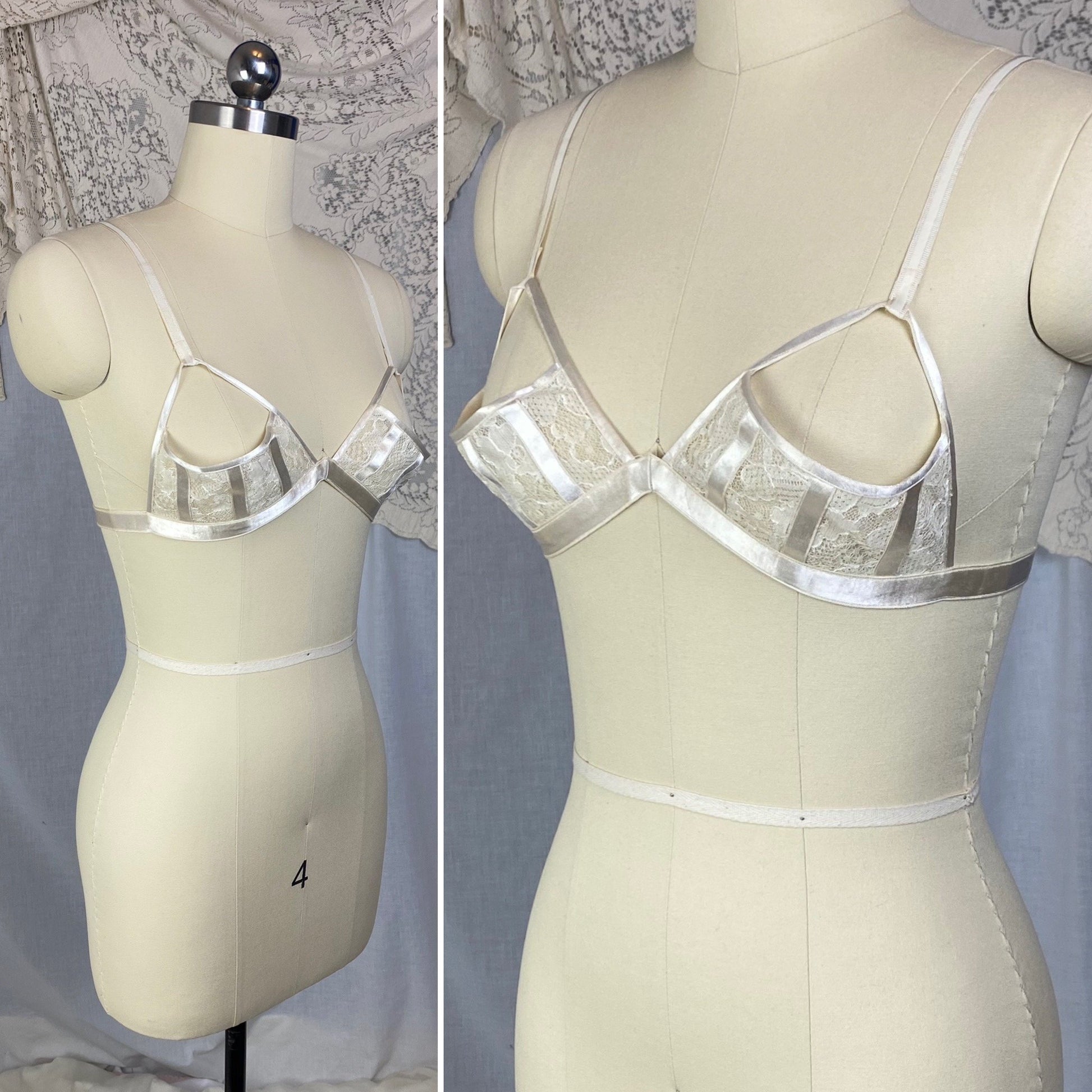 Vintage 1940's Shelf Bra | Creamy White Rayon Satin & Floral Lace Chiffon | Size 34 B | Petite Paris - Daggers & Dames