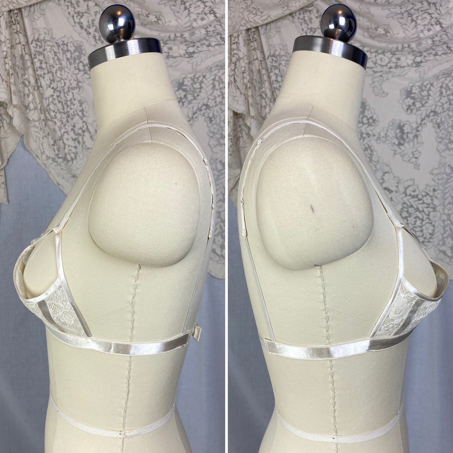 Vintage 1940's Shelf Bra | Creamy White Rayon Satin & Floral Lace Chiffon | Size 34 B | Petite Paris - Daggers & Dames