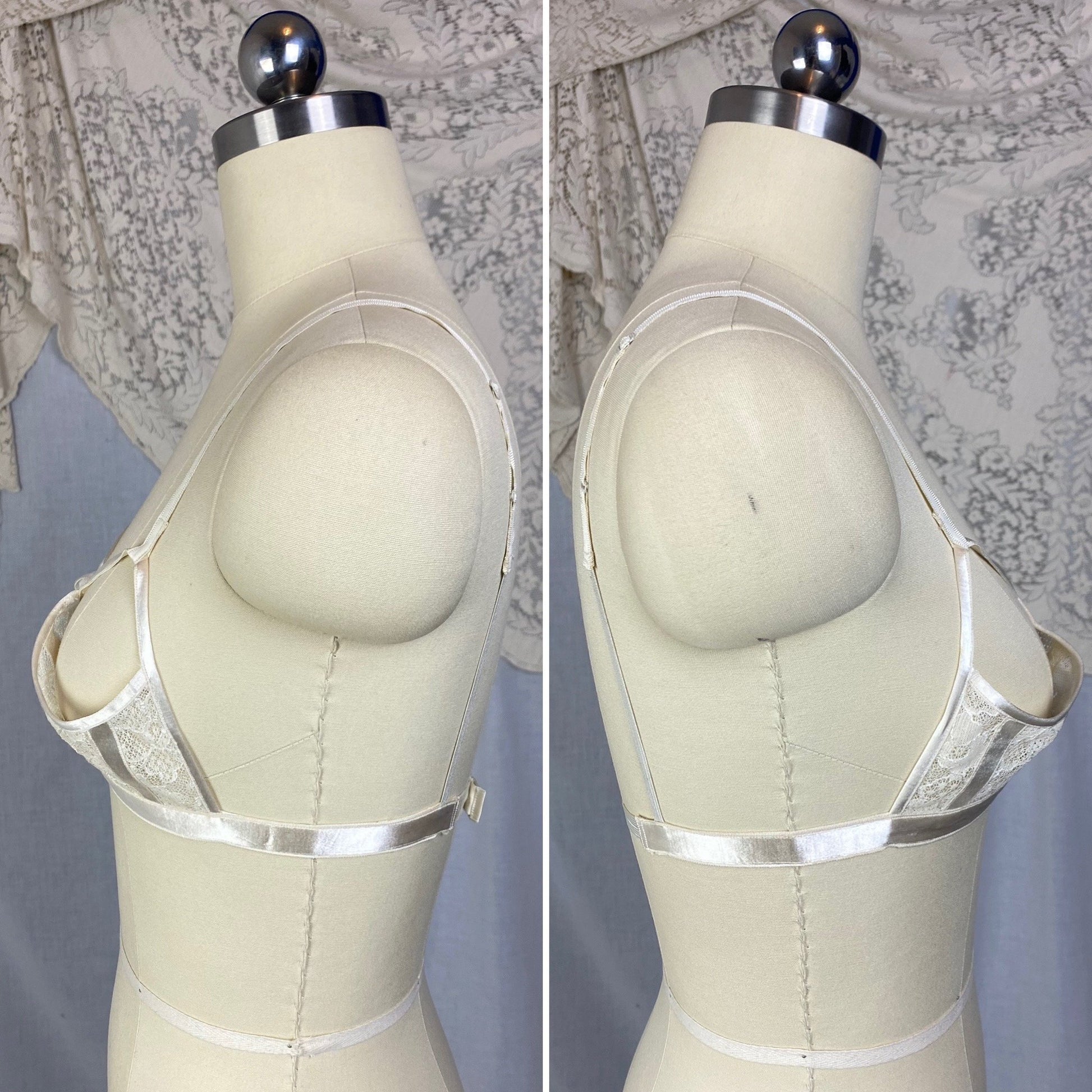 Vintage 1940's Shelf Bra | Creamy White Rayon Satin & Floral Lace Chiffon | Size 34 B | Petite Paris - Daggers & Dames