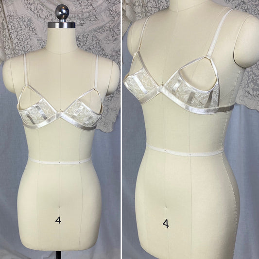 Vintage 1940's Shelf Bra | Creamy White Rayon Satin & Floral Lace Chiffon | Size 34 B | Petite Paris - Daggers & Dames