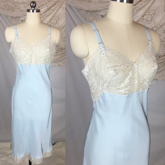 Vintage 1940's Slip | Baby Blue Cold Rayon with Ivory Cotton Lace & Darted Cups | Size SM - Daggers & Dames