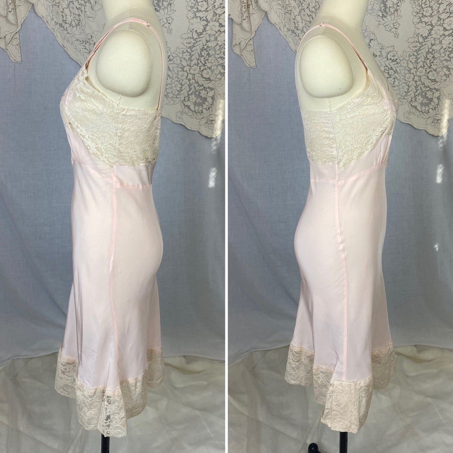 Vintage 1940's Slip | Baby Pink Rayon with Ivory Cotton Lace & Floral Applique | Size XS | Aristocraft, Never Worn - Daggers & Dames