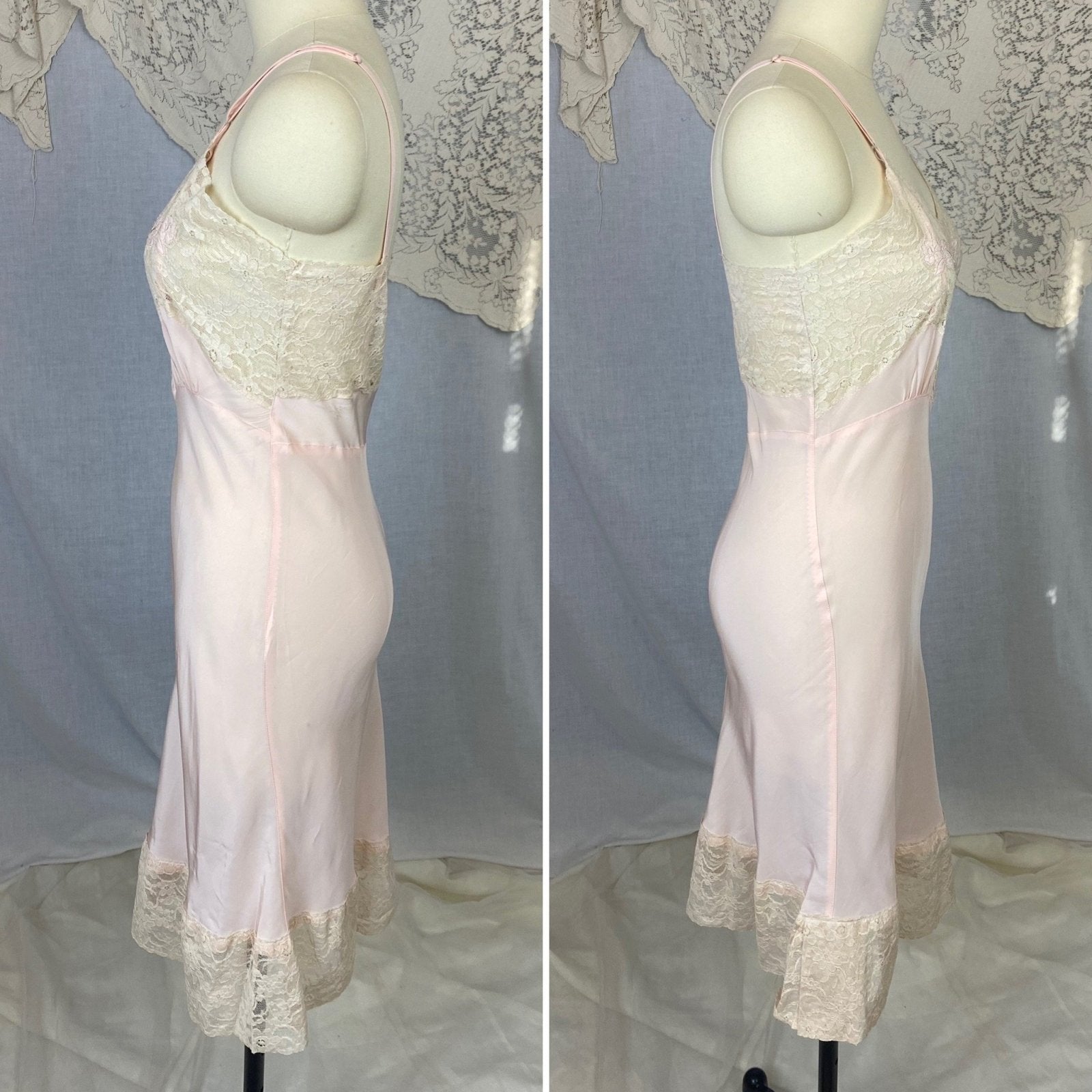 Vintage 1940's Slip | Baby Pink Rayon with Ivory Cotton Lace & Floral Applique | Size XS | Aristocraft, Never Worn - Daggers & Dames