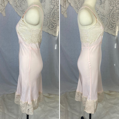 Vintage 1940's Slip | Baby Pink Rayon with Ivory Cotton Lace & Floral Applique | Size XS | Aristocraft, Never Worn - Daggers & Dames