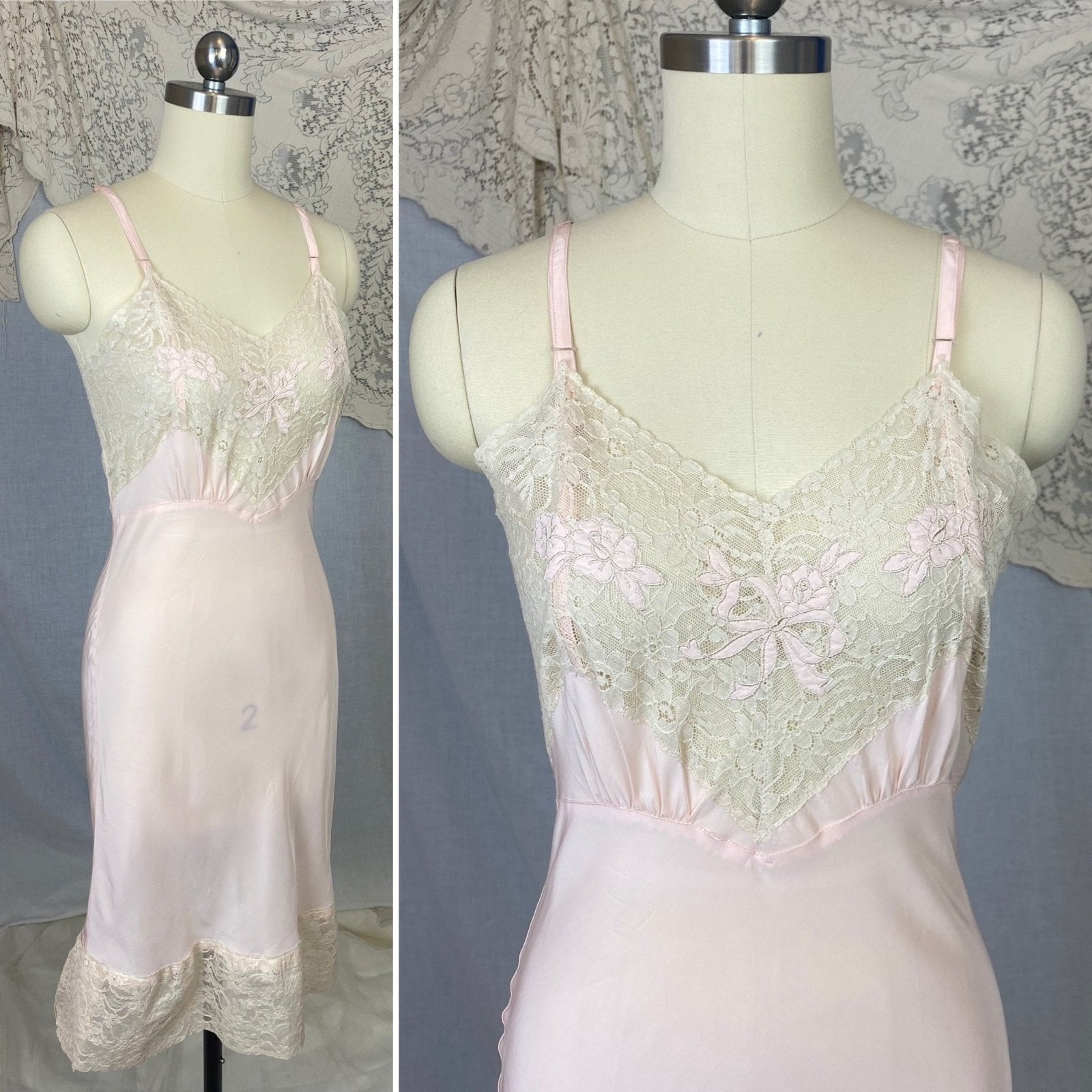 Vintage 1940's Slip | Baby Pink Rayon with Ivory Cotton Lace & Floral Applique | Size XS | Aristocraft, Never Worn - Daggers & Dames