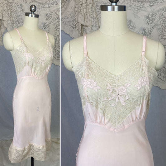Vintage 1940's Slip | Baby Pink Rayon with Ivory Cotton Lace & Floral Applique | Size XS | Aristocraft, Never Worn - Daggers & Dames