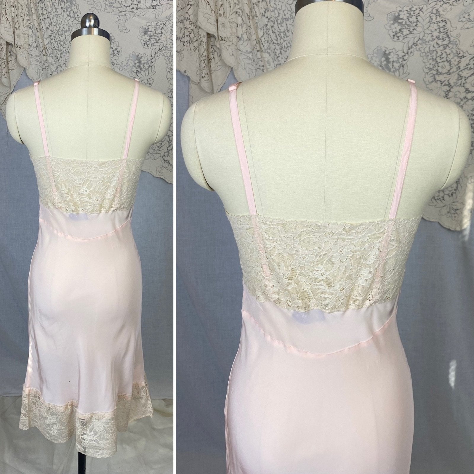 Vintage 1940's Slip | Baby Pink Rayon with Ivory Cotton Lace & Floral Applique | Size XS | Aristocraft, Never Worn - Daggers & Dames