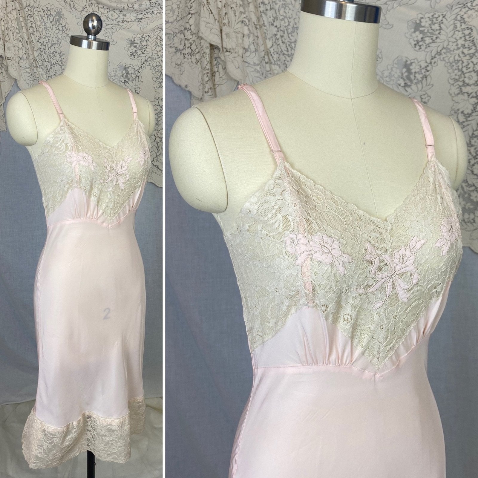 Vintage 1940's Slip | Baby Pink Rayon with Ivory Cotton Lace & Floral Applique | Size XS | Aristocraft, Never Worn - Daggers & Dames