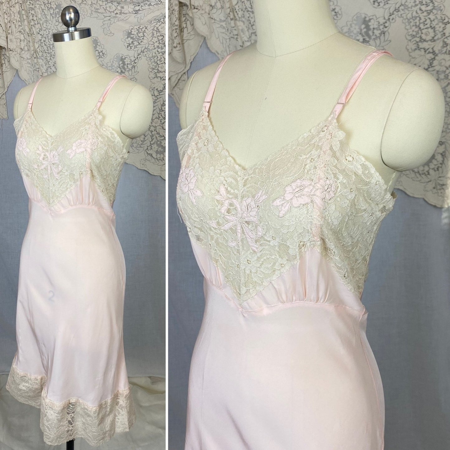Vintage 1940's Slip | Baby Pink Rayon with Ivory Cotton Lace & Floral Applique | Size XS | Aristocraft, Never Worn - Daggers & Dames