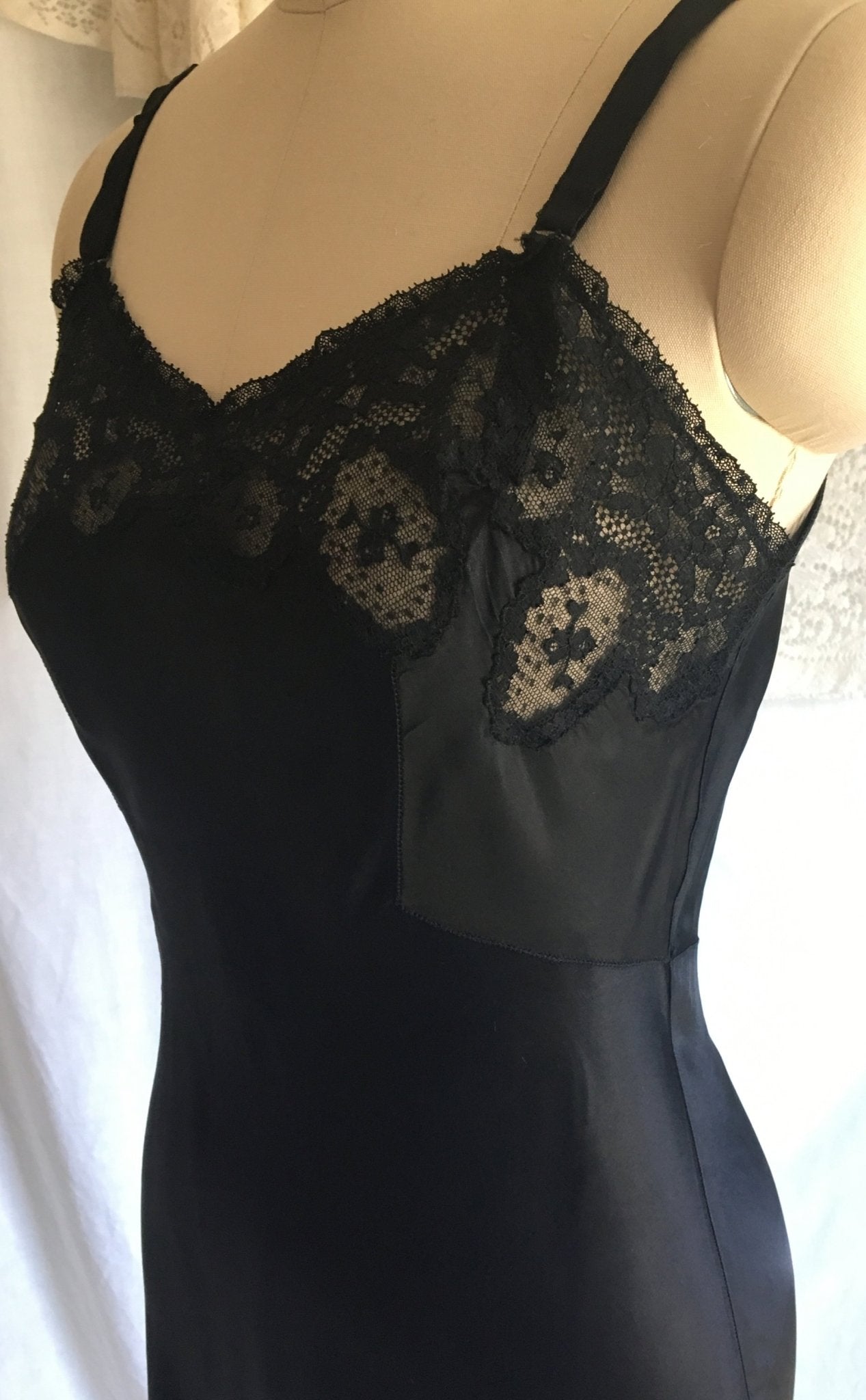 Vintage 1940's Slip | Black Rayon Satin with Bias Cut & Lace | Godfried Lingerie | Size XS, 32 - Daggers & Dames