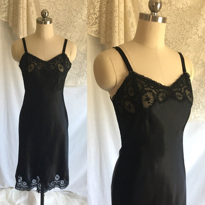 Vintage 1940's Slip | Black Rayon Satin with Bias Cut & Lace | Godfried Lingerie | Size XS, 32 - Daggers & Dames
