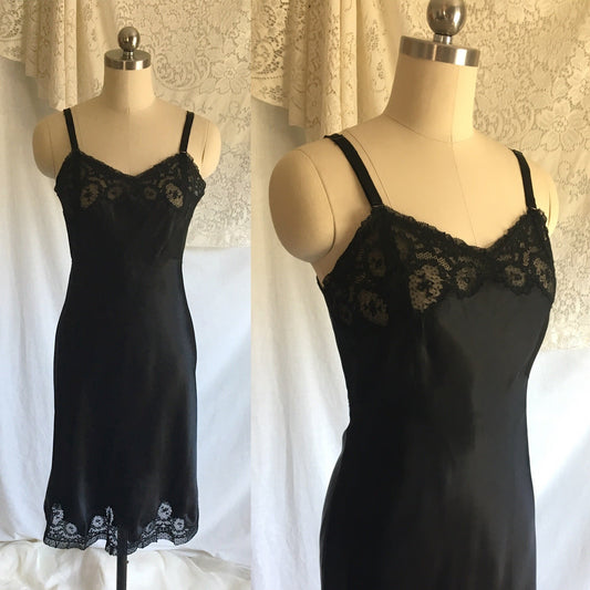 Vintage 1940's Slip | Black Rayon Satin with Bias Cut & Lace | Godfried Lingerie | Size XS, 32 - Daggers & Dames
