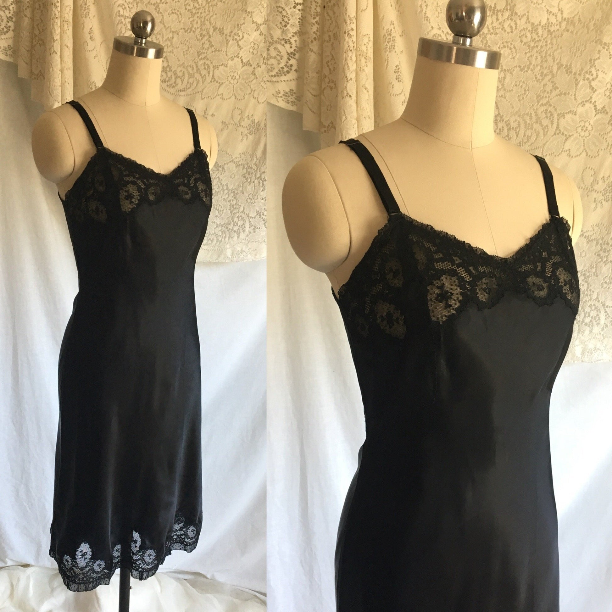 Vintage 1940's Slip | Black Rayon Satin with Bias Cut & Lace | Godfried Lingerie | Size XS, 32 - Daggers & Dames