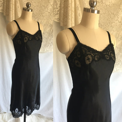 Vintage 1940's Slip | Black Rayon Satin with Bias Cut & Lace | Godfried Lingerie | Size XS, 32 - Daggers & Dames