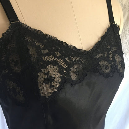 Vintage 1940's Slip | Black Rayon Satin with Bias Cut & Lace | Godfried Lingerie | Size XS, 32 - Daggers & Dames