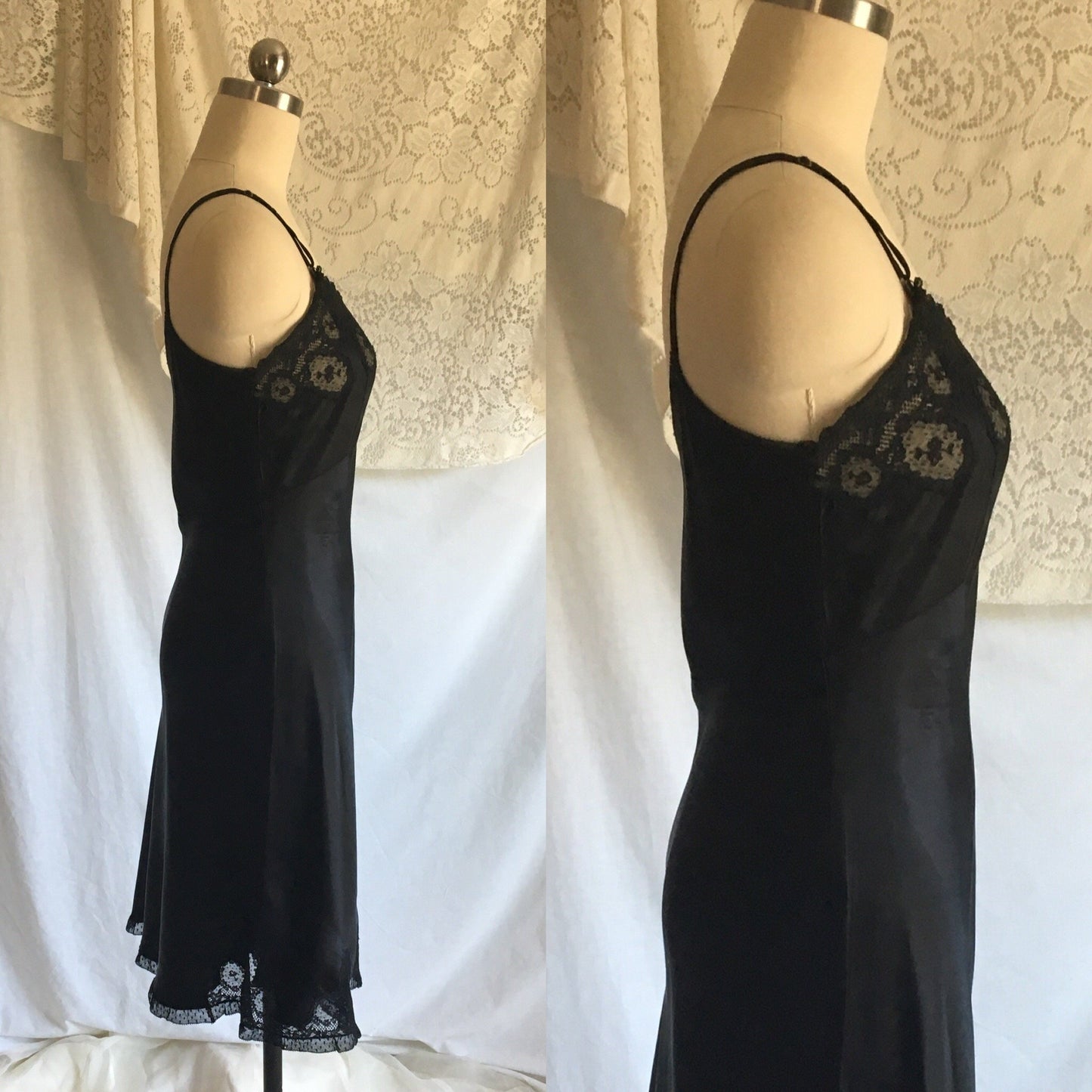 Vintage 1940's Slip | Black Rayon Satin with Bias Cut & Lace | Godfried Lingerie | Size XS, 32 - Daggers & Dames