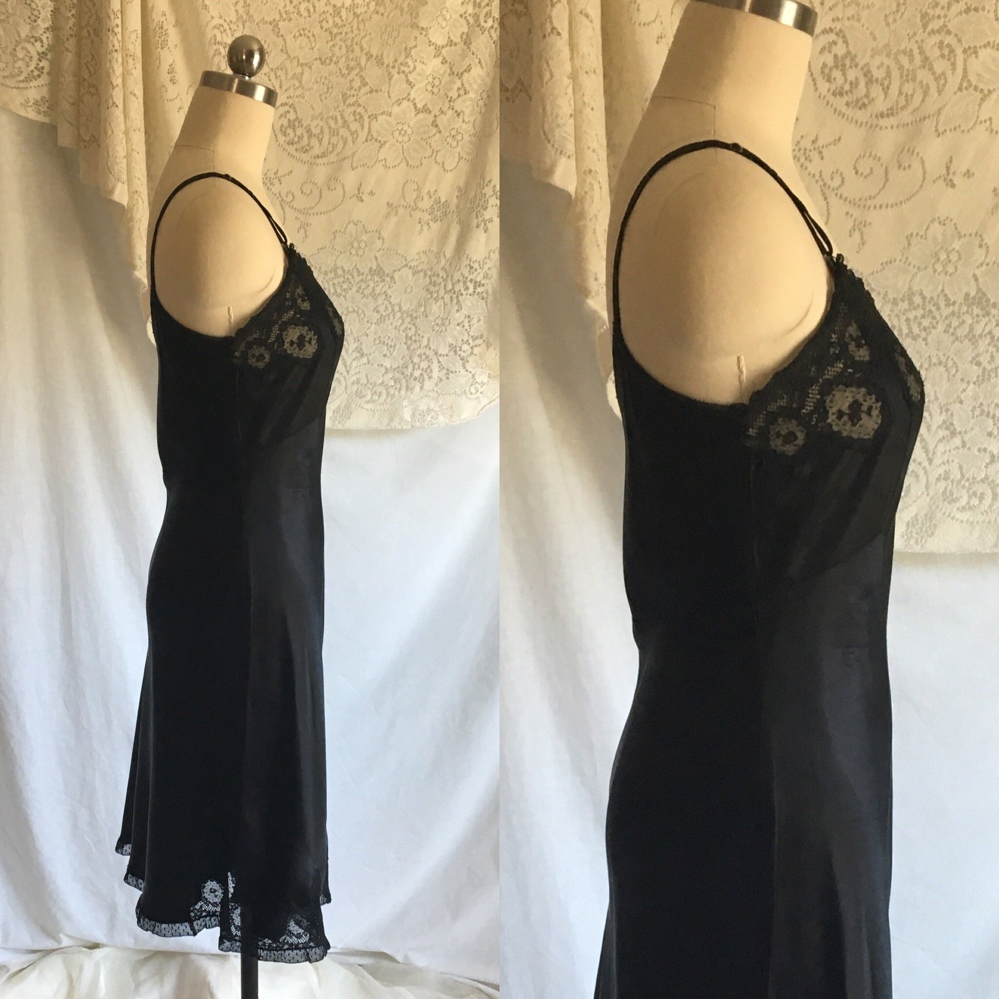 Vintage 1940's Slip | Black Rayon Satin with Bias Cut & Lace | Godfried Lingerie | Size XS, 32 - Daggers & Dames
