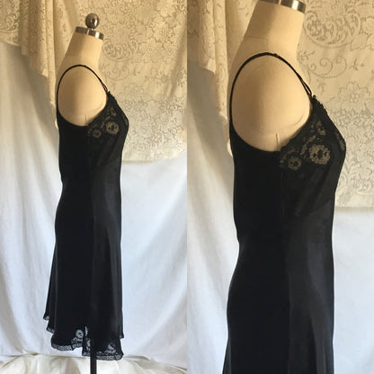 Vintage 1940's Slip | Black Rayon Satin with Bias Cut & Lace | Godfried Lingerie | Size XS, 32 - Daggers & Dames