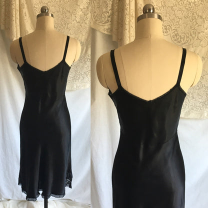 Vintage 1940's Slip | Black Rayon Satin with Bias Cut & Lace | Godfried Lingerie | Size XS, 32 - Daggers & Dames