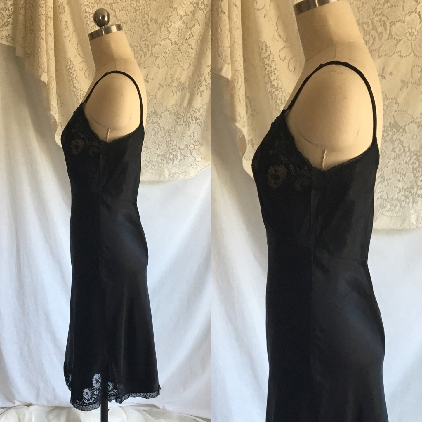 Vintage 1940's Slip | Black Rayon Satin with Bias Cut & Lace | Godfried Lingerie | Size XS, 32 - Daggers & Dames