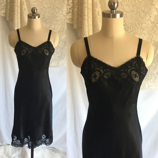 Vintage 1940's Slip | Black Rayon Satin with Bias Cut & Lace | Godfried Lingerie | Size XS, 32 - Daggers & Dames
