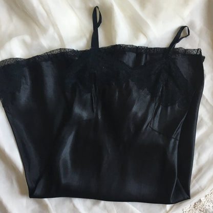 Vintage 1940's Slip | Black Rayon Satin with Bias Cut & Lace | Godfried Lingerie | Size XS, 32 - Daggers & Dames