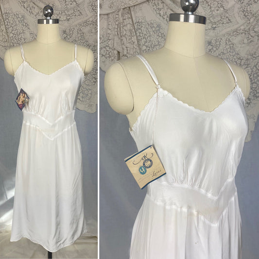 Vintage 1940's Slip | Bright White Rayon with Embroidered Scalloped Edges | Size S | Laros -New with Tags - Daggers & Dames