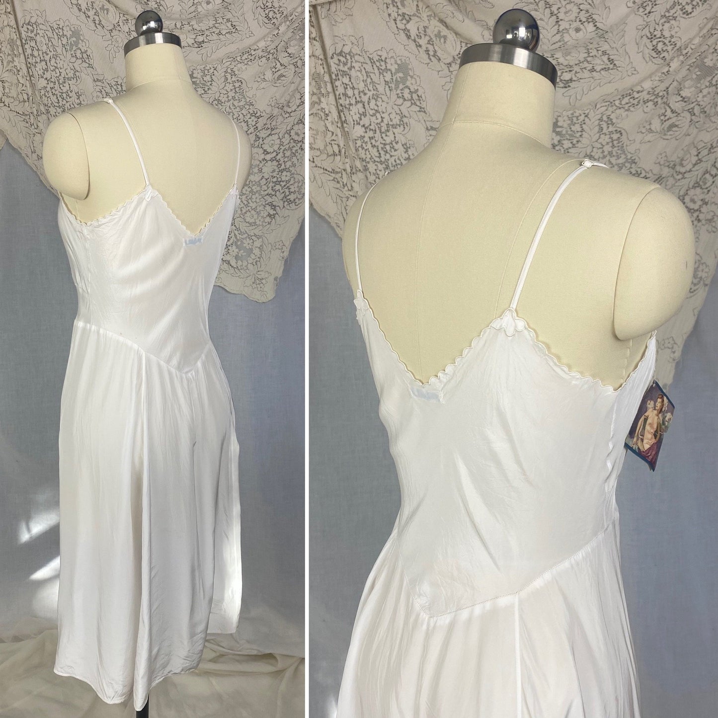 Vintage 1940's Slip | Bright White Rayon with Embroidered Scalloped Edges | Size S | Laros -New with Tags - Daggers & Dames