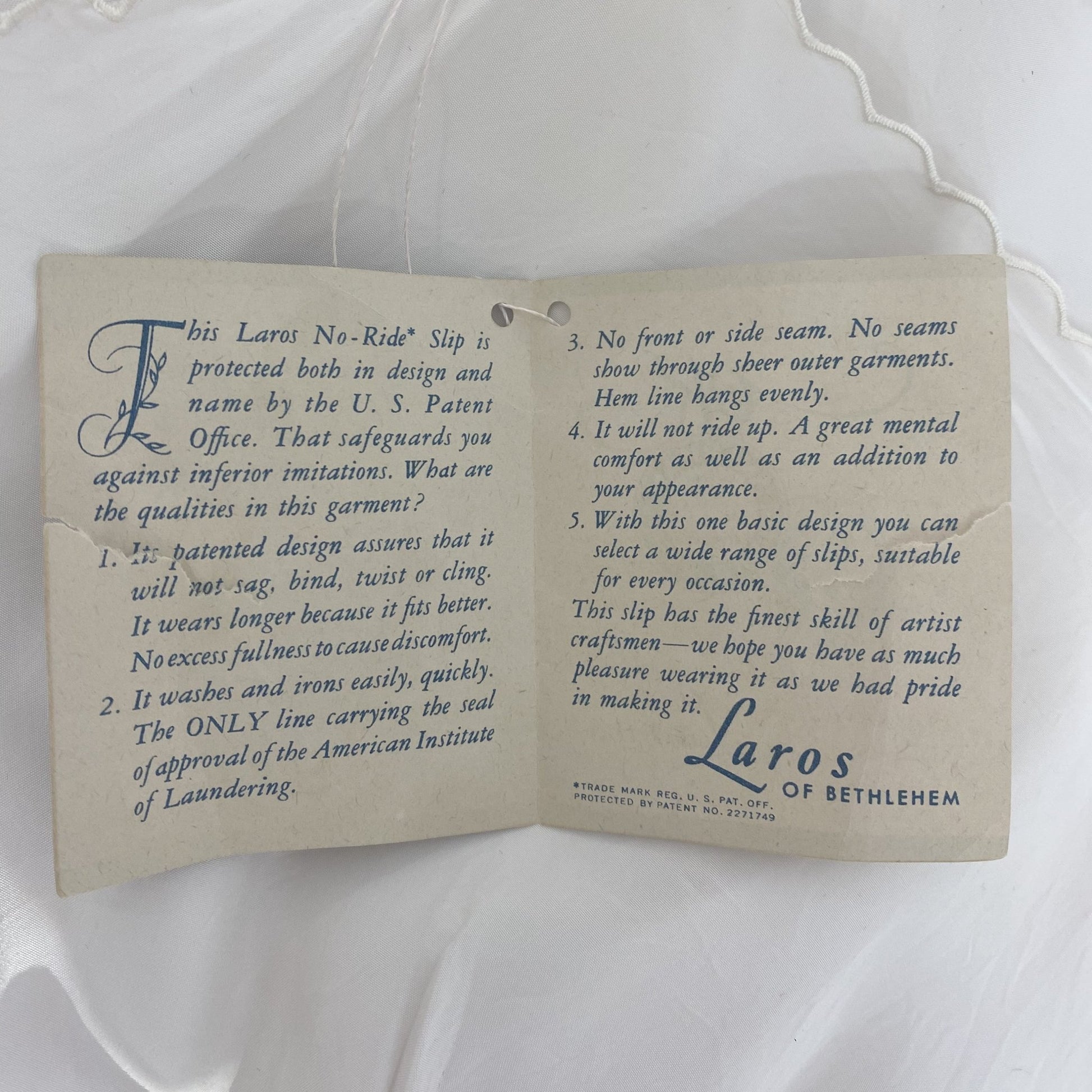 Vintage 1940's Slip | Bright White Rayon with Embroidered Scalloped Edges | Size S | Laros -New with Tags - Daggers & Dames