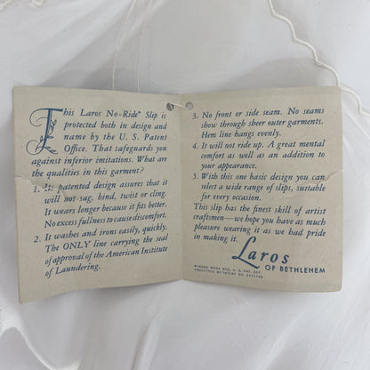 Vintage 1940's Slip | Bright White Rayon with Embroidered Scalloped Edges | Size S | Laros -New with Tags - Daggers & Dames