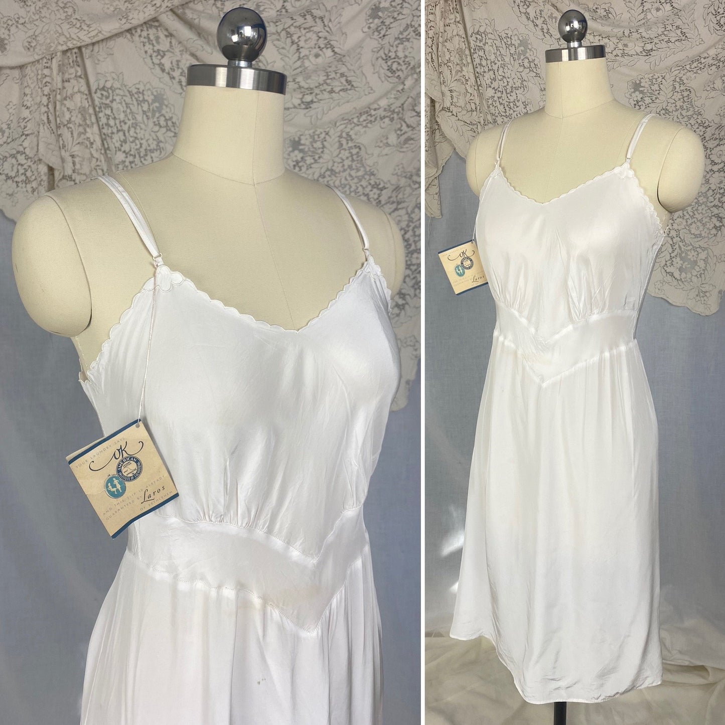 Vintage 1940's Slip | Bright White Rayon with Embroidered Scalloped Edges | Size S | Laros -New with Tags - Daggers & Dames