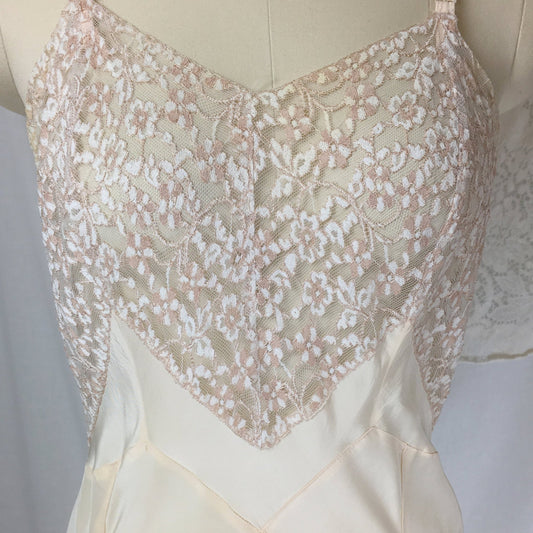 Vintage 1940's Slip | Buttercream Rayon with Pink Embroidered Floral Lace | Lady Love | Size S, M - Daggers & Dames