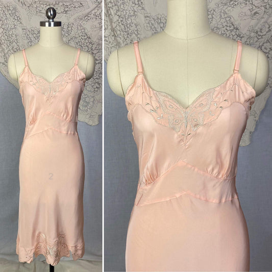 Vintage 1940's Slip | Coral Pink Rayon with Silver Butterfly Embroidery | Size XS | Never Worn - Daggers & Dames