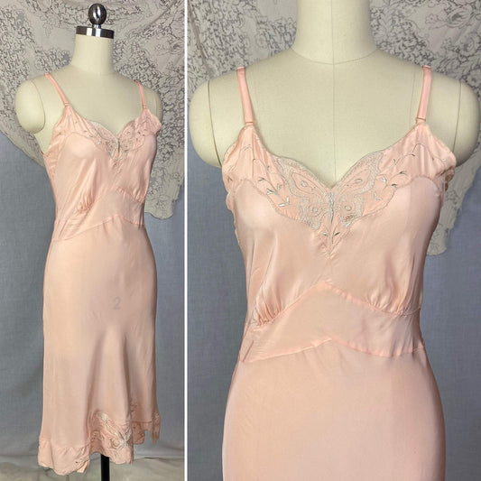 Vintage 1940's Slip | Coral Pink Rayon with Silver Butterfly Embroidery | Size XS | Never Worn - Daggers & Dames