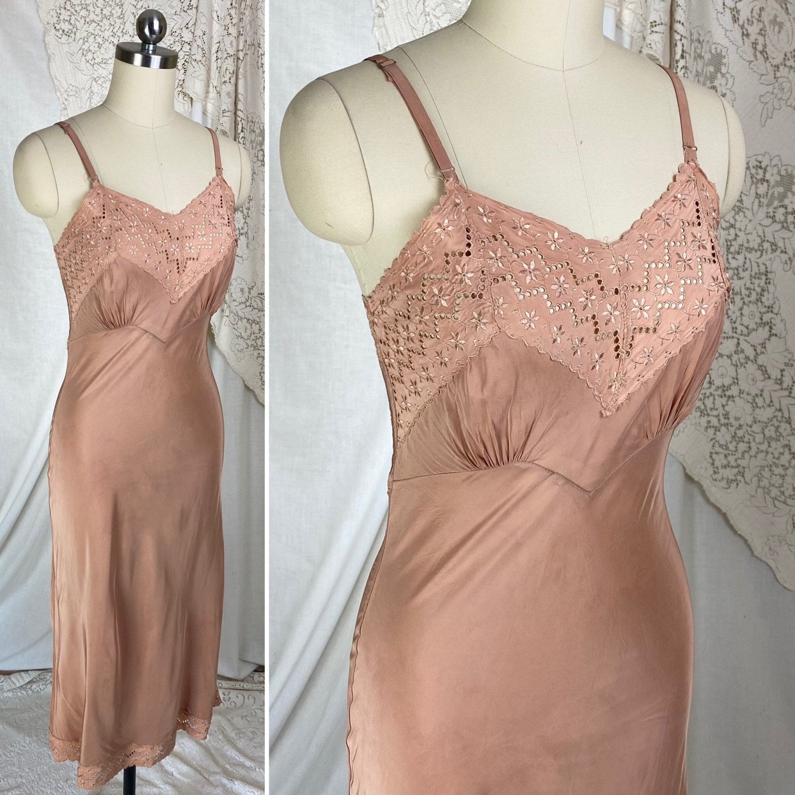 Vintage 1940's Slip | Creamy Mocha Brown Rayon with Eyelet Lace | Size XS - Daggers & Dames