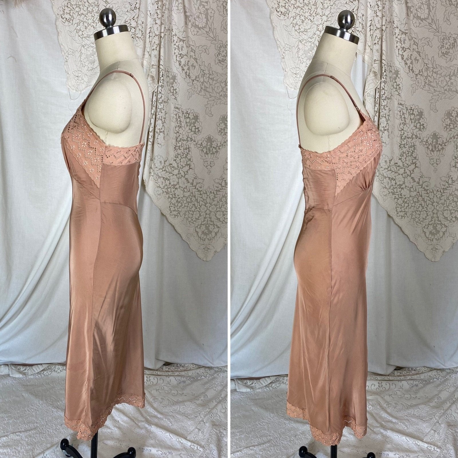 Vintage 1940's Slip | Creamy Mocha Brown Rayon with Eyelet Lace | Size XS - Daggers & Dames