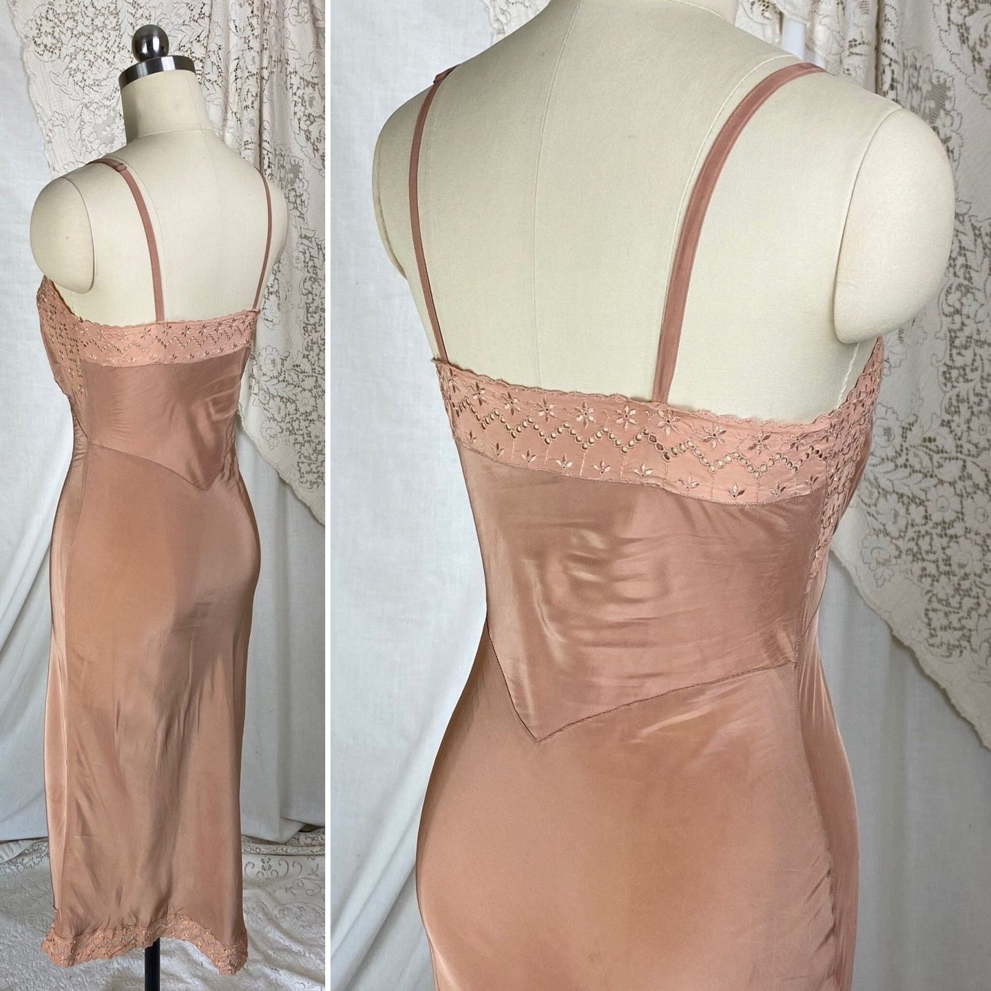 Vintage 1940's Slip | Creamy Mocha Brown Rayon with Eyelet Lace | Size XS - Daggers & Dames