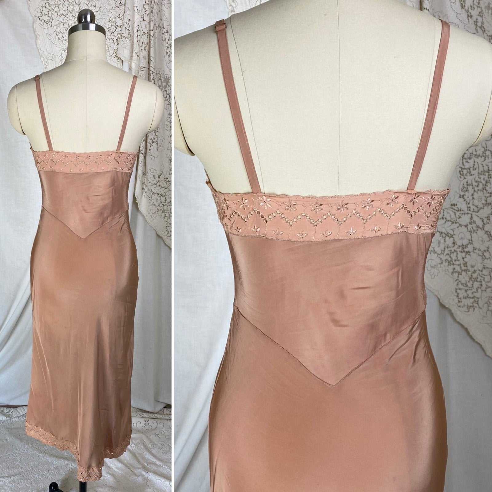 Vintage 1940's Slip | Creamy Mocha Brown Rayon with Eyelet Lace | Size XS - Daggers & Dames