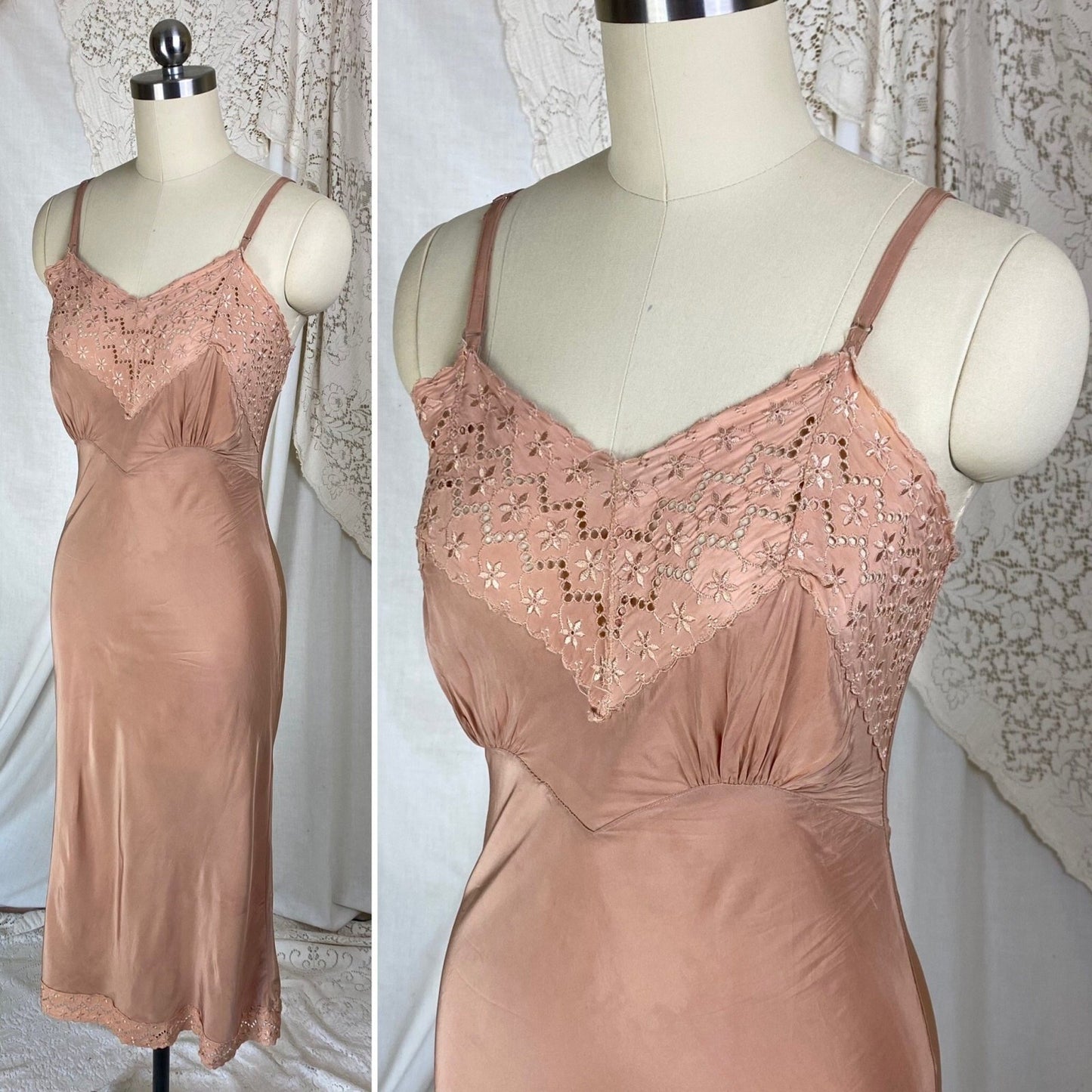Vintage 1940's Slip | Creamy Mocha Brown Rayon with Eyelet Lace | Size XS - Daggers & Dames